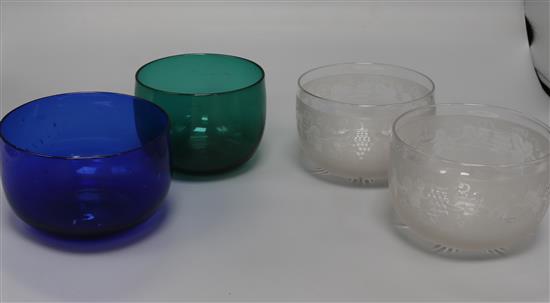 Two Stourbridge cut glass finger bowls and two others in green and blue glass
